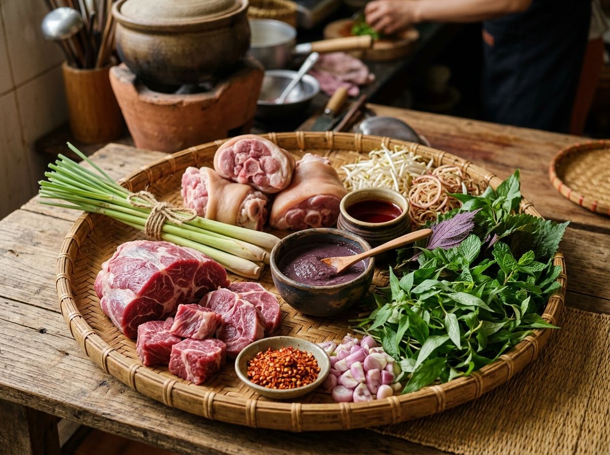 Mâm nguyên liệu nấu bún bò Huế bắp bò móng giò mắm ruốc sả tươi