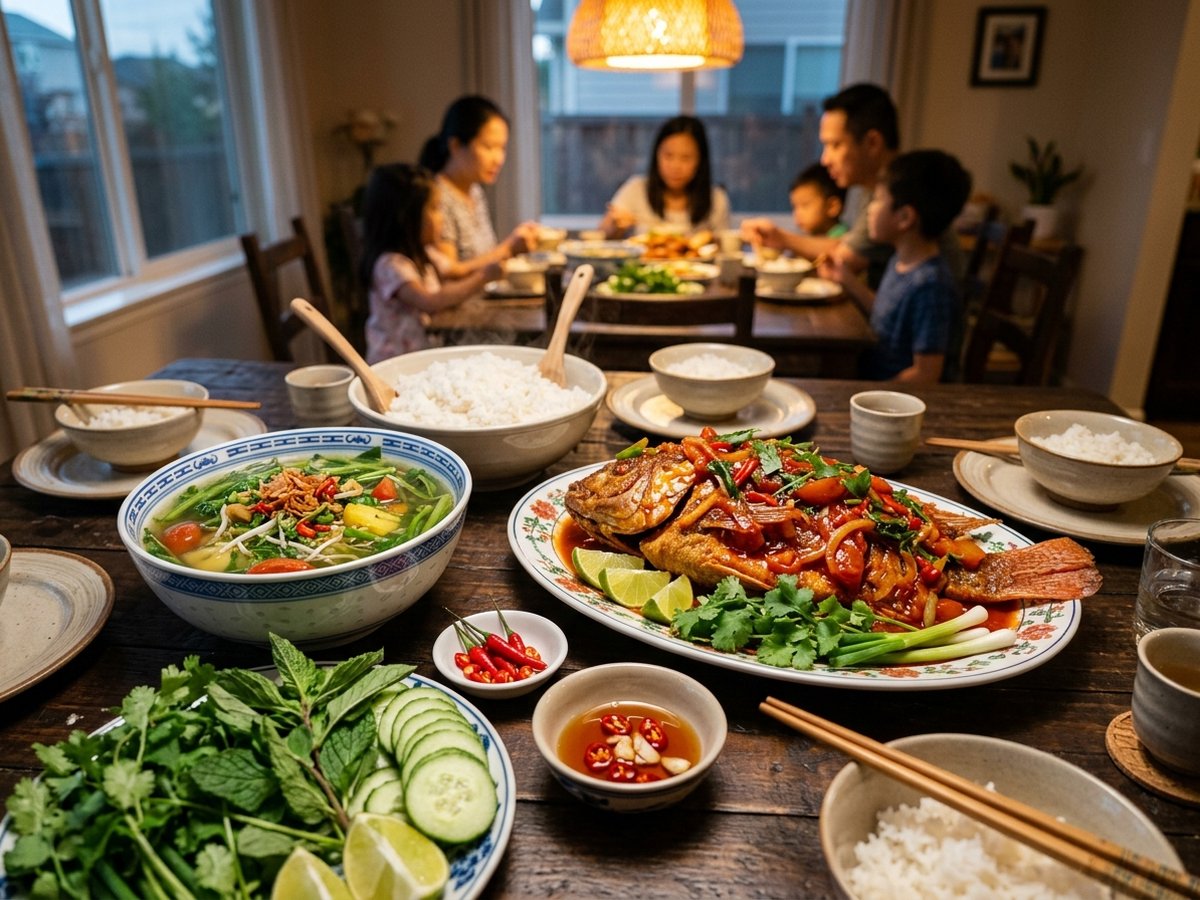 Mâm cơm gia đình ấm cúng với đĩa cá điêu hồng sốt cà chua giòn rụm canh thanh mát và cơm trắng