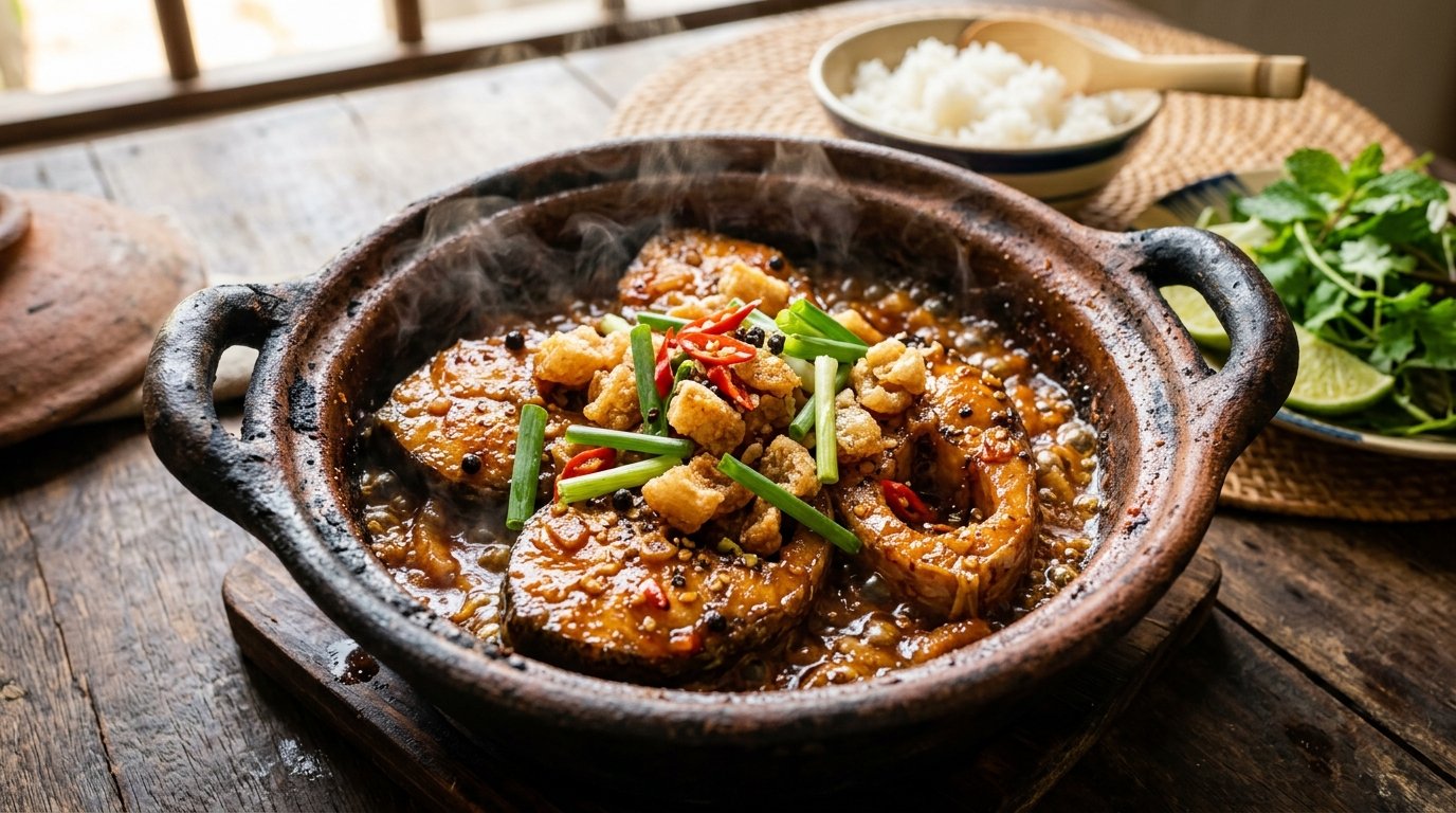 Tộ cá kho tộ miền Tây màu cánh gián óng ả sóng sánh tóp mỡ giòn rụm và hành lá Feedy