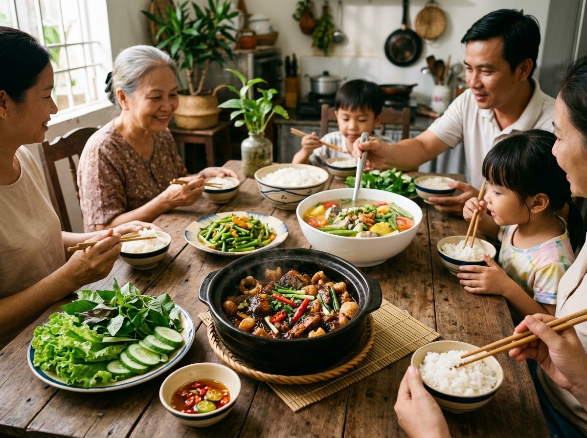 Mâm cơm gia đình Nam Bộ ấm cúng với tộ cá kho tộ sôi sủi tăm bên tô canh chua cá lóc