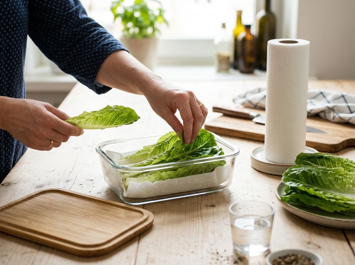 Thao tác lót giấy ăn hút ẩm đáy hộp thủy tinh và xếp rau xà lách cẩn thận