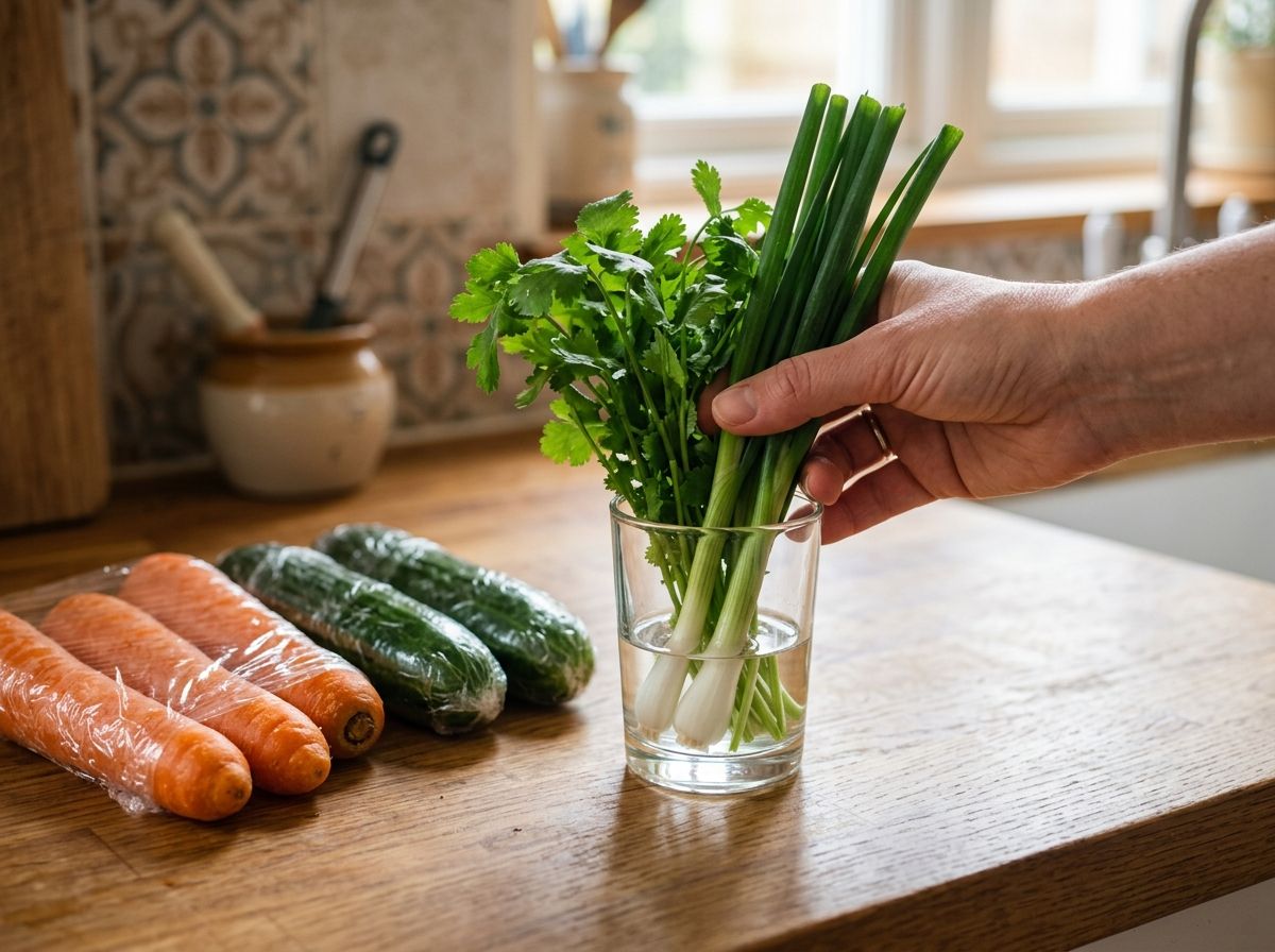 Cắm rễ hành lá ngò rí trong ly nước và bọc màng bọc kín củ cà rốt dưa chuột