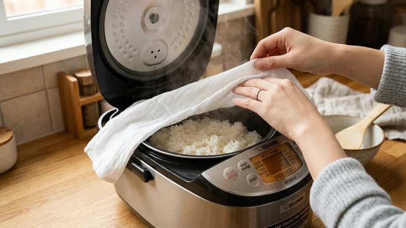 Phương pháp phủ khăn xô ẩm miệng nồi cơm điện giúp xôi chín dẻo không bị khô sượng