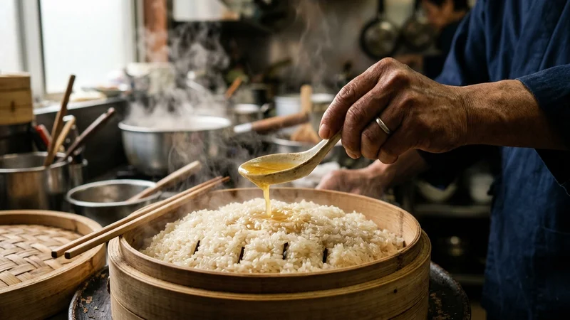 Kỹ thuật vẩy nước ấm hòa mỡ gà lên xôi khô sượng chuẩn nghệ nhân