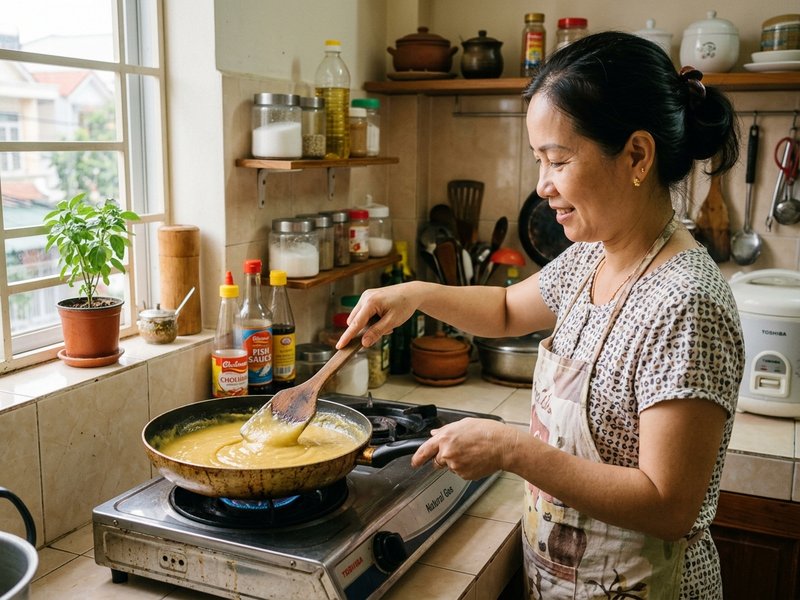Sên nhân đậu xanh hạt sen mịn màng trên chảo chống dính trong bếp gia đình