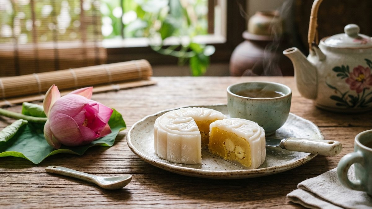 Bánh dẻo đậu xanh hạt sen hoa sen trắng ngà trong trẻo cắt lát bên tách trà lài