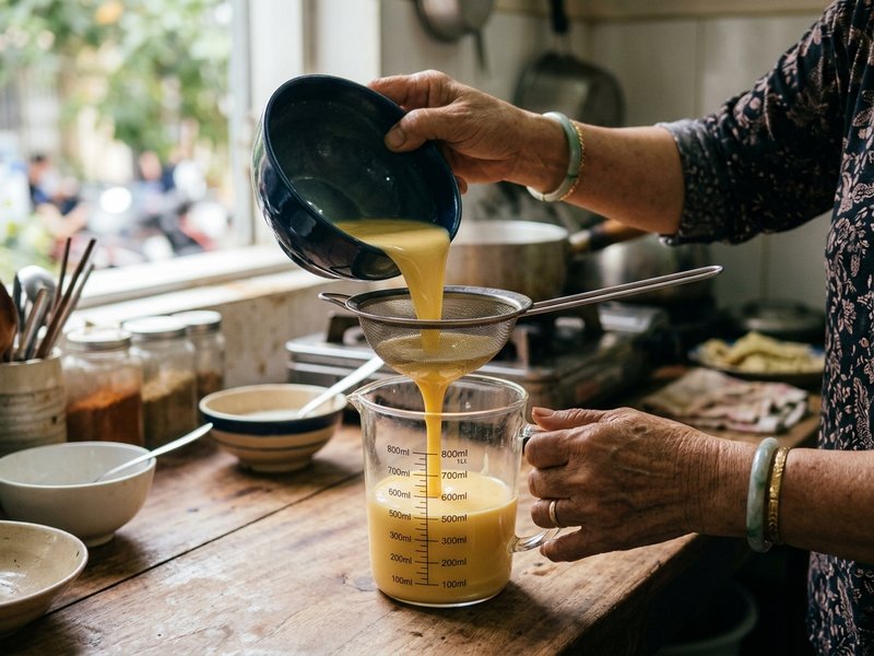 Kỹ thuật lọc hỗn hợp trứng sữa bánh flan qua rây lưới mịn vào ca thủy tinh không còn bọt khí