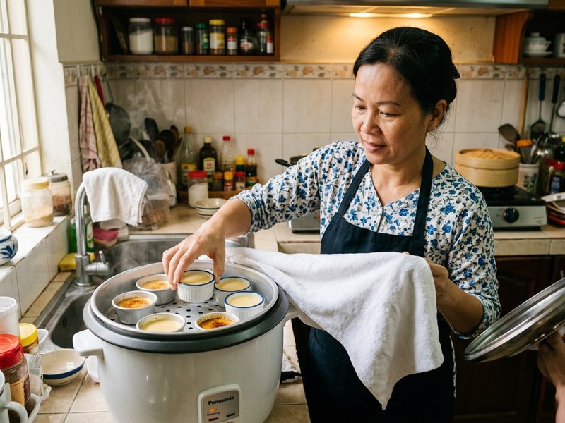 Người nội trợ đặt khuôn bánh flan vào xửng hấp nồi cơm điện và phủ khăn xô sạch chống đọng nước