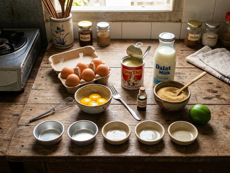 Khay nguyên liệu làm bánh flan: trứng gà tươi, sữa tươi không đường, sữa đặc Ông Thọ, đường vàng và các khuôn flan