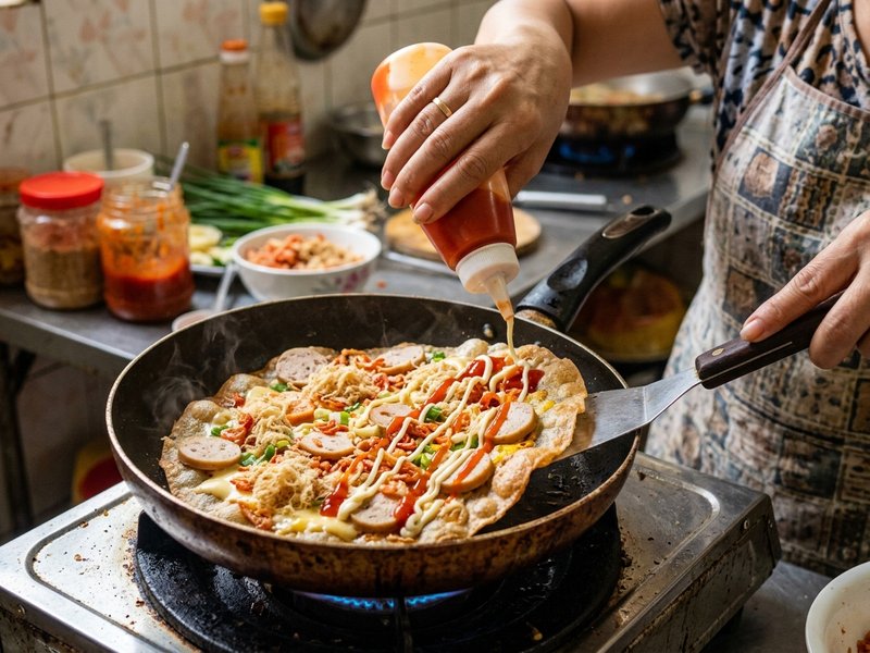 Rắc xúc xích, bò khô, chà bông và rưới sốt tương ớt mayonnaise lên bánh tráng trong chảo