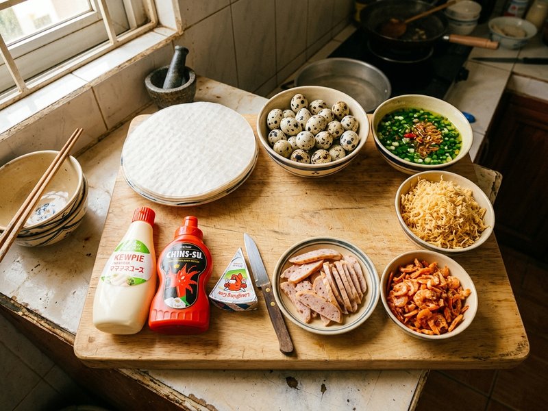 Khay nguyên liệu làm bánh tráng nướng Đà Lạt: bánh tráng, trứng cút, hành lá, bơ, phô mai, xúc xích, bò khô