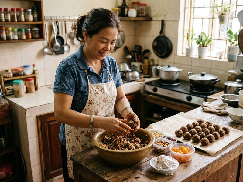 Nhồi trộn nhân thập cẩm và vo viên tròn trong gian bếp gia đình