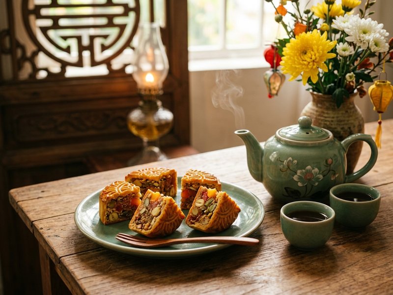 Đĩa bánh trung thu nướng thập cẩm cắt miếng vàng óng dọn cùng ấm trà sen