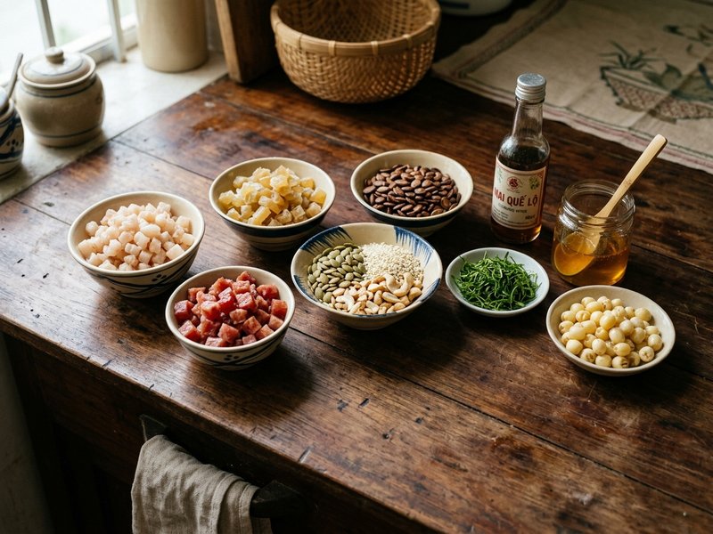 Khay nguyên liệu làm nhân thập cẩm bánh trung thu nướng truyền thống