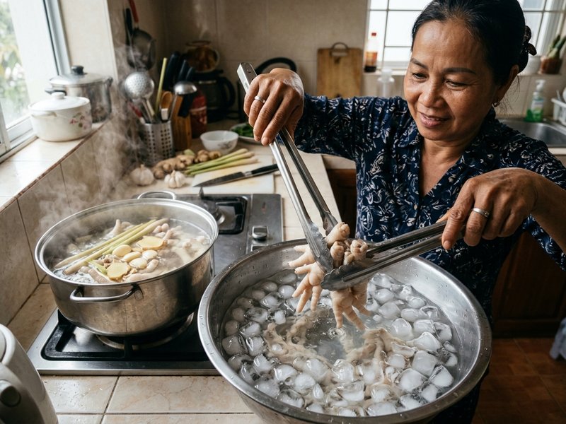Nấu nước sốt me Thái sôi sánh đỏ au trong chảo trên bếp gia đình