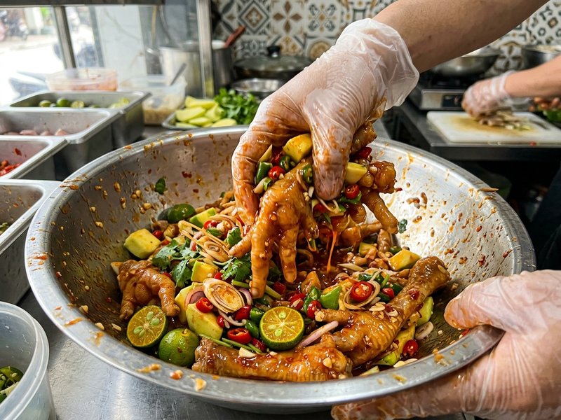 Bàn tay nội trợ trộn đều chân gà rút xương với xoài non, cóc bao tử và sốt me Thái trong âu inox
