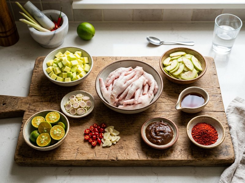 Khay nguyên liệu làm chân gà sốt Thái rút xương: chân gà, xoài xanh, cóc non, sả ớt, quất và cốt me