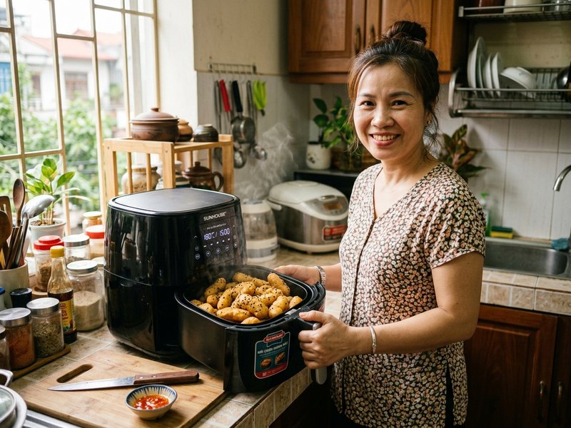 Xếp khoai lang kén vào nồi chiên không dầu nướng vàng giòn thơm lừng trong gian bếp hiện đại