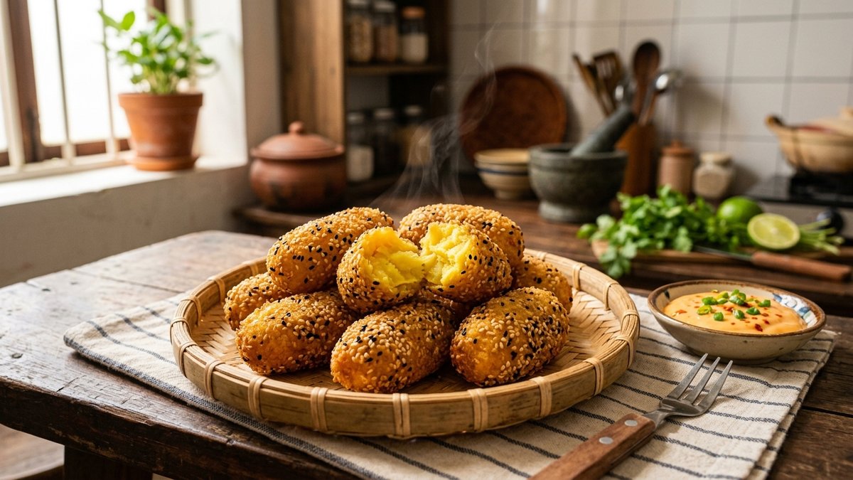 Đĩa khoai lang kén vàng ươm lấm tấm mè đen thơm lừng giòn tan bên cạnh chén tương ớt