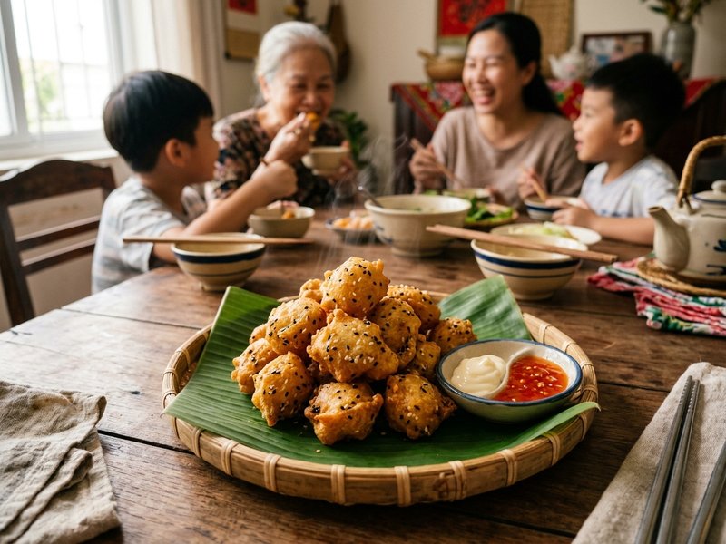 Đĩa khoai lang kén thành phẩm vàng ruộm giòn tan bốc khói ấm áp trên bàn ăn gia đình