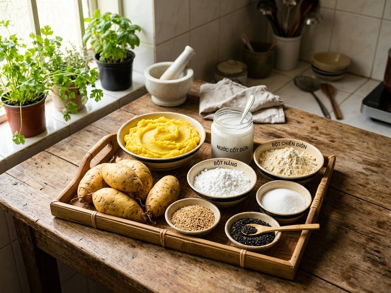 Khay nguyên liệu khoai lang ruột vàng gọt vỏ, nước cốt dừa và mè đen làm khoai lang kén