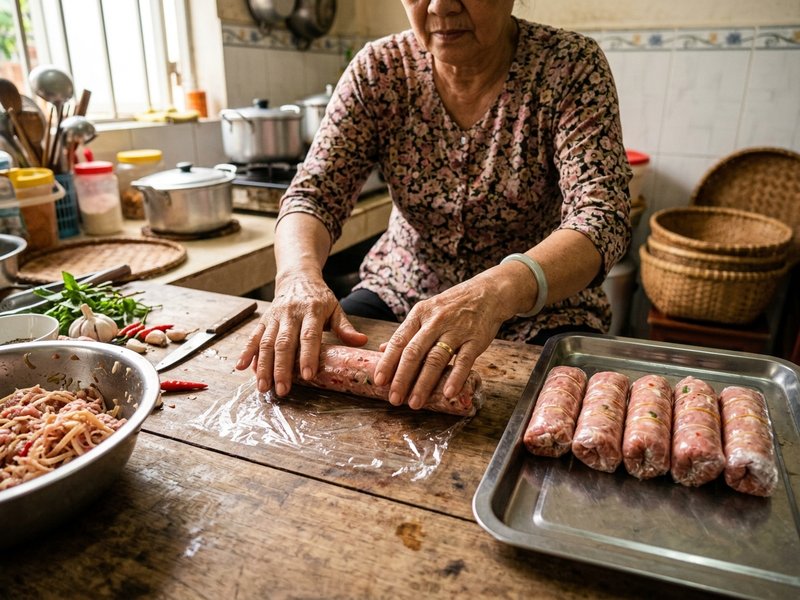 Quá trình quết giò sống và cuộn từng thanh nem chua rán thon dài trong gian bếp gia đình ấm cúng