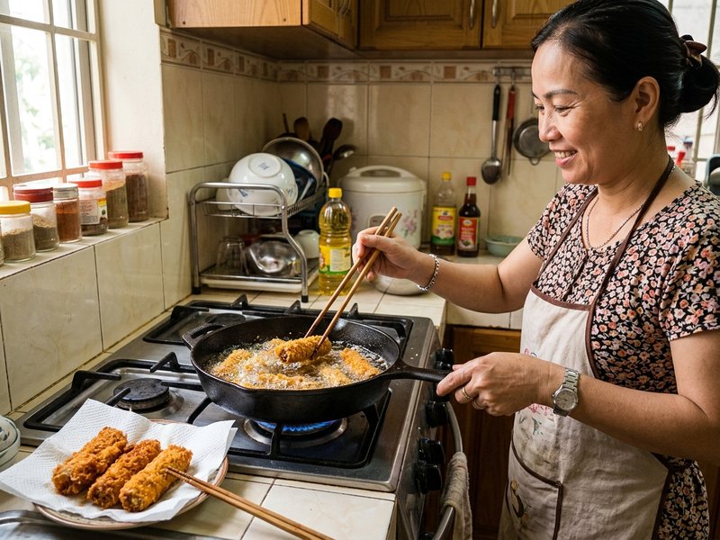 Chiên nem chua rán tẩm bột chiên xù vàng ươm trong chảo dầu sôi trên bếp ga gia đình