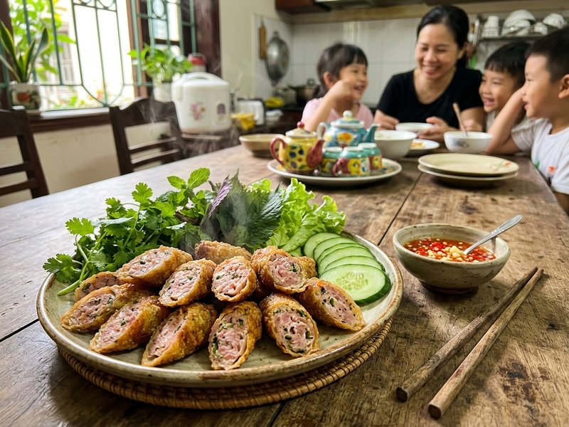 Mâm nem chua rán Hà Nội tẩm bột chiên xù giòn tan bốc khói nghi ngút trên bàn ăn gia đình