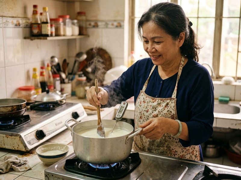 Người nội trợ Việt dùng muôi gỗ nhẹ nhàng khuấy men cái vào nồi sữa ấm 42 độ C trên bếp ga gia đình