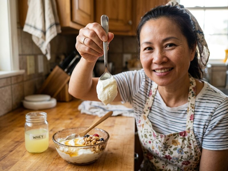 Người nội trợ cầm chiếc thìa múc một viên sữa chua Hy Lạp dẻo quánh úp ngược mà không hề rơi rớt