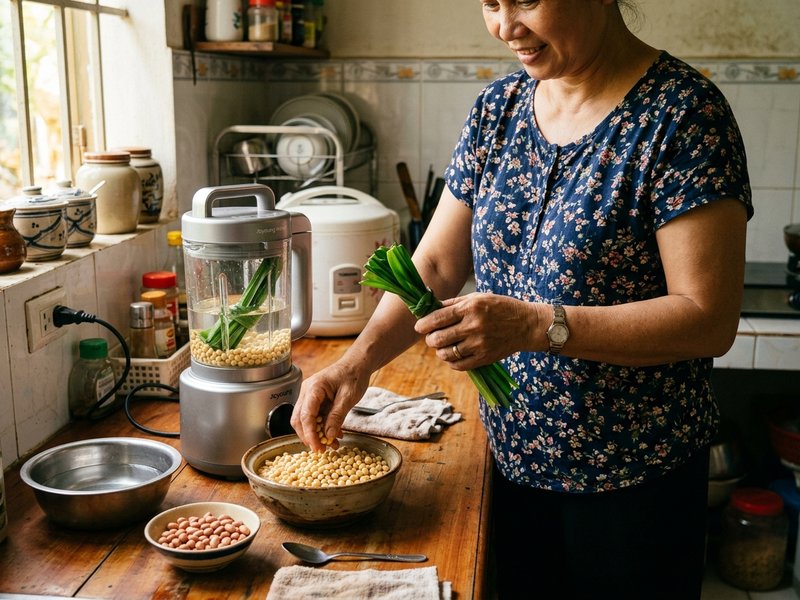 Cho đậu nành hạt lạc rang và bó lá dứa cuộn tròn vào cối máy làm sữa hạt