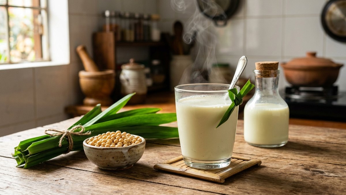 Ly sữa đậu nành lá dứa thơm béo ngậy bốc khói ấm bên cạnh bó lá dứa xanh mướt và bát đậu nành