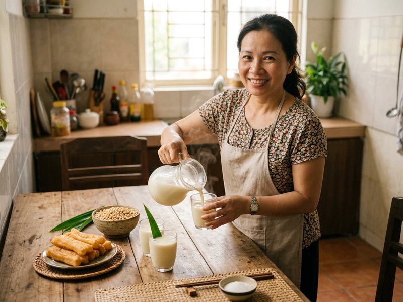 Rót sữa đậu nành lá dứa thơm phức từ bình vào ly thủy tinh thưởng thức cùng đĩa quẩy giòn