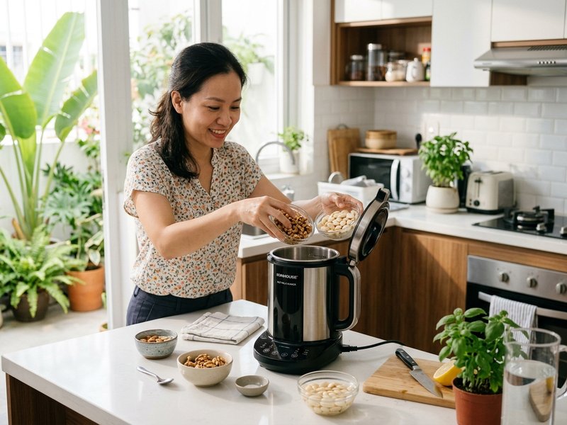 Cho hạt hạnh nhân óc chó và nước ấm vào cối thủy tinh máy làm sữa hạt chuẩn bị bấm nút