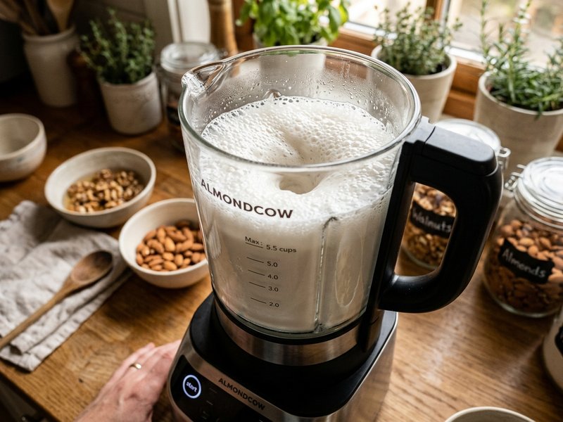 Máy làm sữa hạt đang xay nhuyễn mịn sữa hạt óc chó hạnh nhân trắng ngà với tốc độ cao