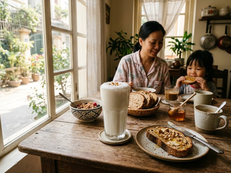 Rót sữa hạt óc chó hạnh nhân béo ngậy trắng ngà ra ly thủy tinh bên cạnh đĩa hạt óc chó và hạnh nhân