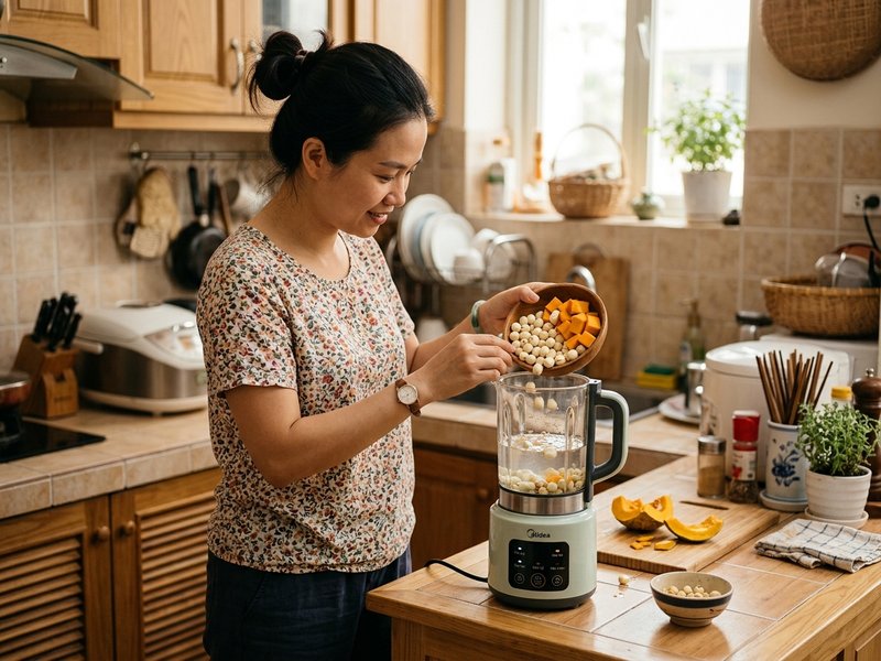 Cho hạt sen bí đỏ và nước vào cối máy làm sữa hạt chuẩn bị bấm nút nấu sữa thảo mộc