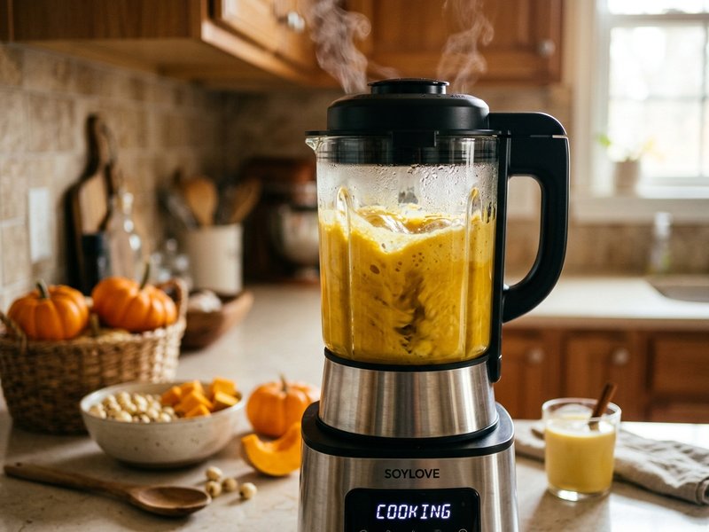Máy làm sữa hạt đang hoạt động đun sôi và xay nhuyễn mịn sữa hạt sen bí đỏ bốc khói thơm