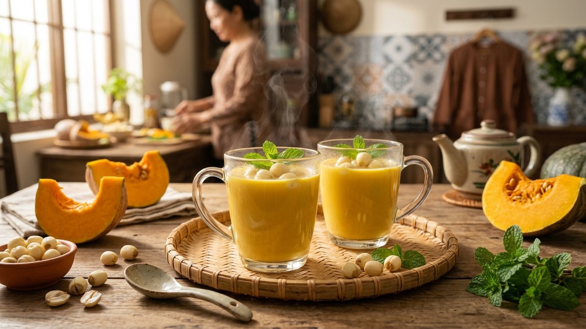 Ly sữa hạt sen bí đỏ màu vàng cam sánh mịn bốc khói ấm bên cạnh hạt sen tươi và miếng bí đỏ ngọt