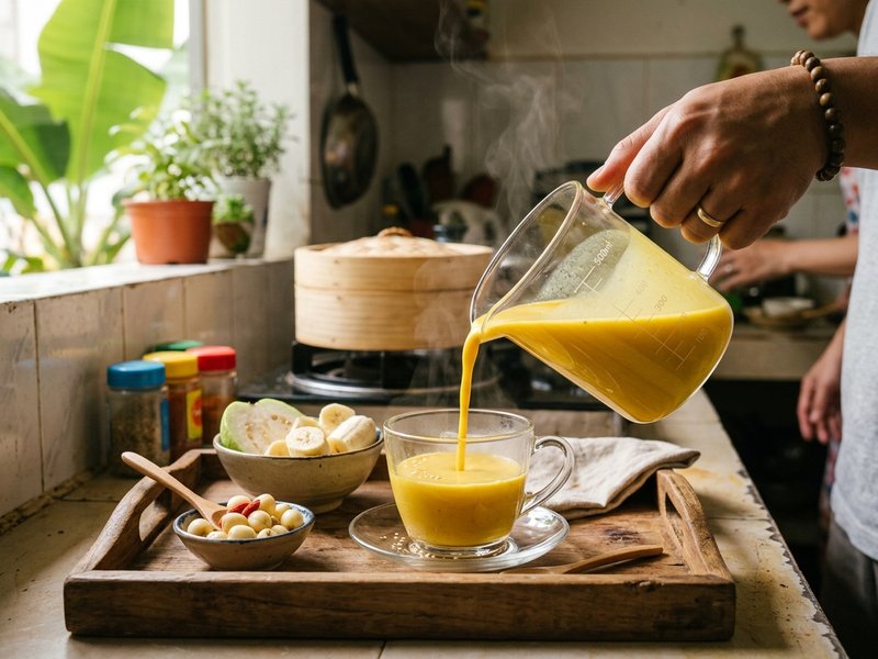 Rót sữa hạt sen bí đỏ sánh mịn vàng ươm ra ly thủy tinh trang trí hạt sen và thưởng thức