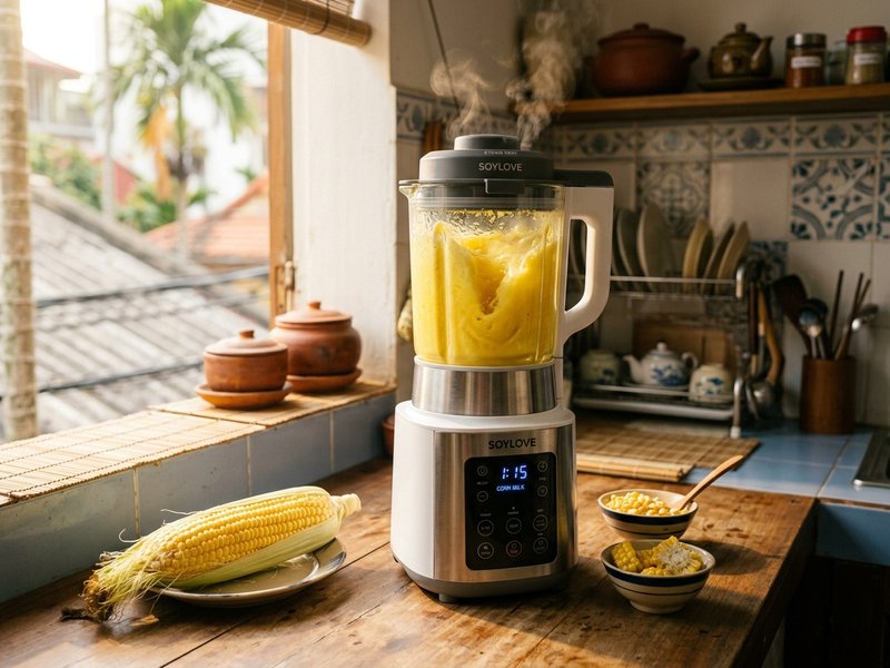 Máy làm sữa hạt đang hoạt động nấu sôi và xay nhuyễn sữa ngô vàng óng bốc khói thơm