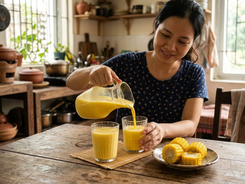 Rót sữa ngô sánh mịn vàng óng ra ly thủy tinh từ bình đựng và thưởng thức cùng gia đình