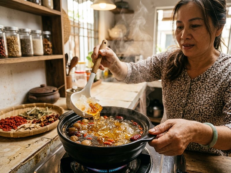 Cho tuyết yến và kỷ tử vào nồi chè dưỡng nhan ở những phút cuối trên bếp ga gia đình
