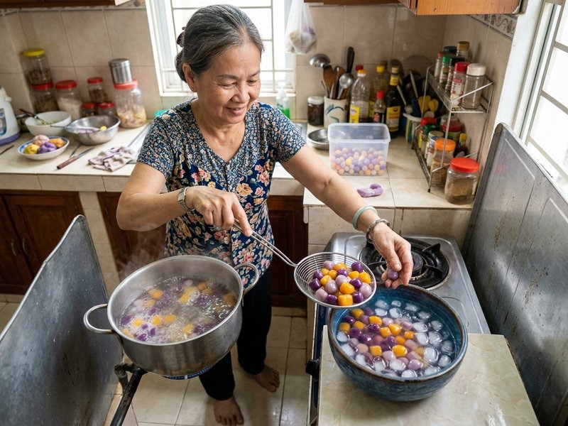Nồi nước đường gừng sôi lăn tăn thơm phức và các viên khoai dẻo bóng bẩy trên bếp gia đình