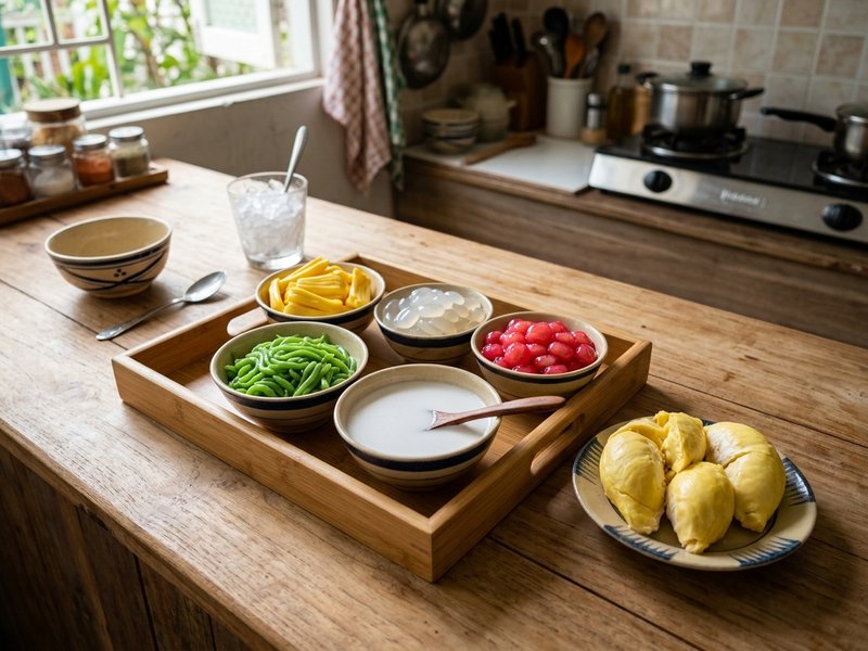 Khay nguyên liệu hoa quả và thạch lá dứa sơ chế nấu chè Thái sầu riêng