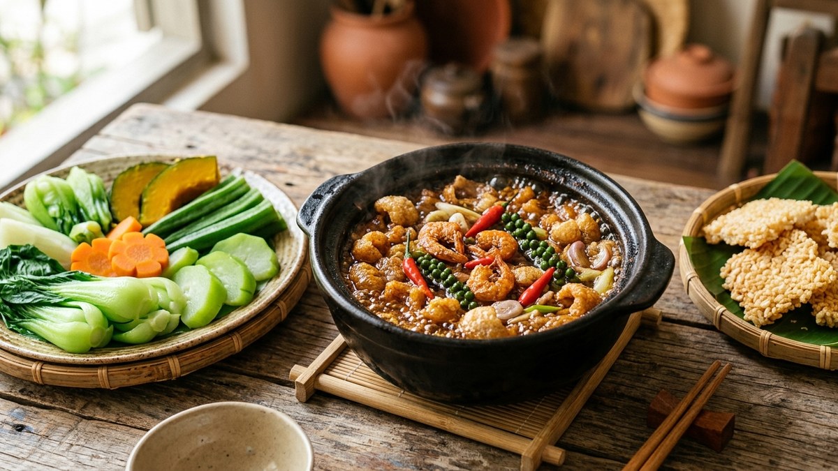 Niêu kho quẹt tóp mỡ tôm khô đặc quánh chấm đĩa rau củ luộc và cơm cháy giòn rụm