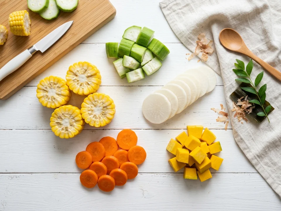 Bộ 5 loại rau củ vàng giàu vị ngọt Umami tự nhiên gồm ngô ngọt cà rốt củ cải trắng bí đỏ và mướp hương nấu nước Dashi cho bé