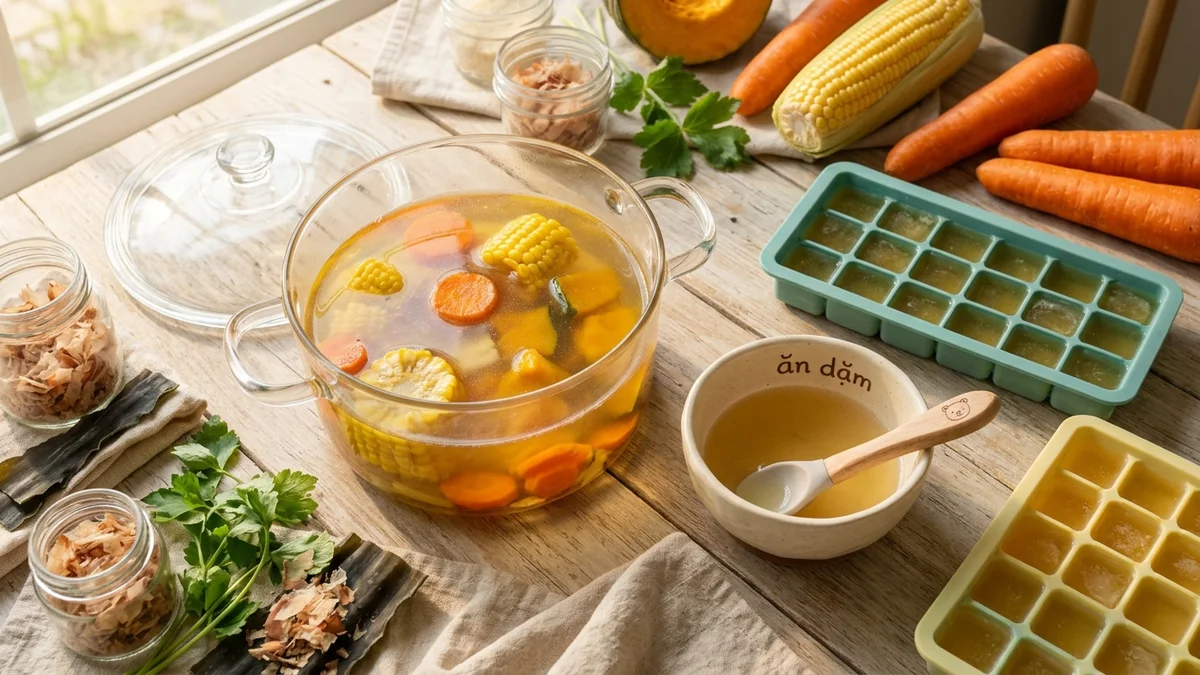 Nồi nước dùng Dashi rau củ trong vắt thơm ngọt tự nhiên cùng khay trữ đông và bát thìa ăn dặm cho bé