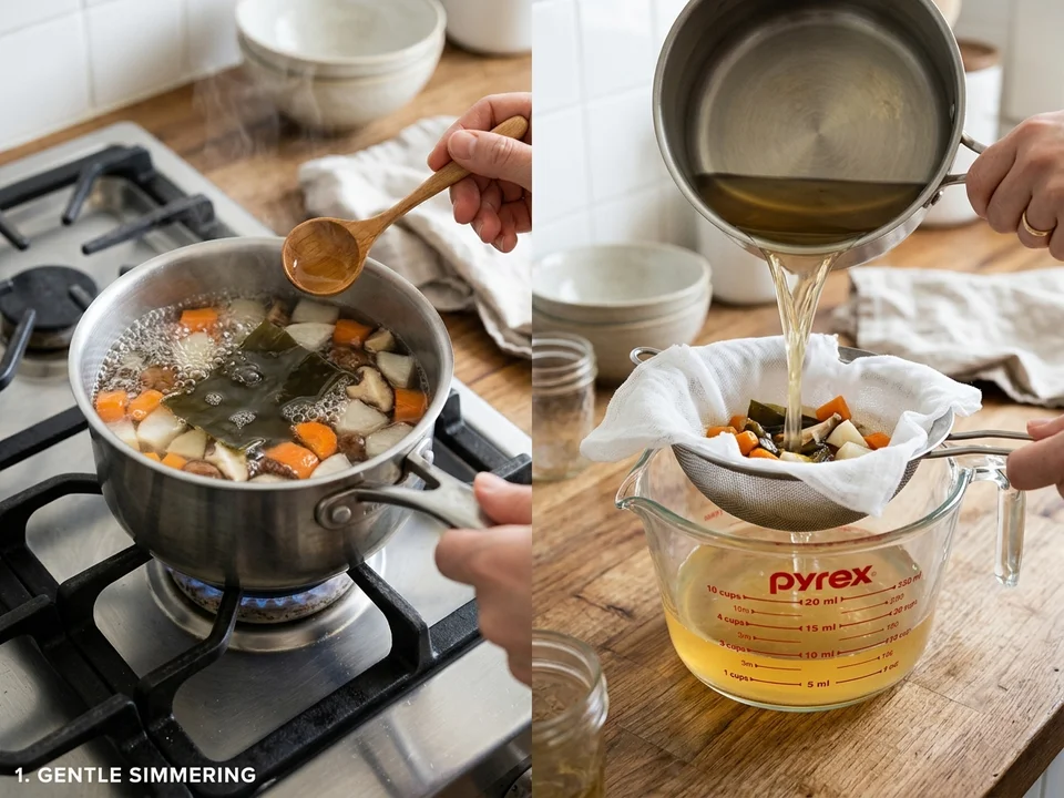 Quy trình ninh nhỏ lửa 30 phút và lọc nước dùng Dashi qua rây inox giữ lại nước trong veo không cặn