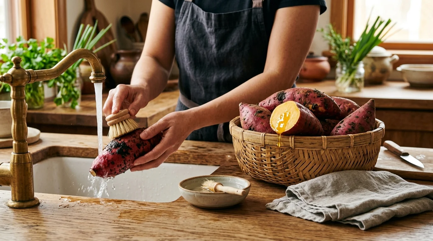 Kỹ thuật ủ héo và sơ chế rửa sạch khoai lang mật bằng bàn chải mềm